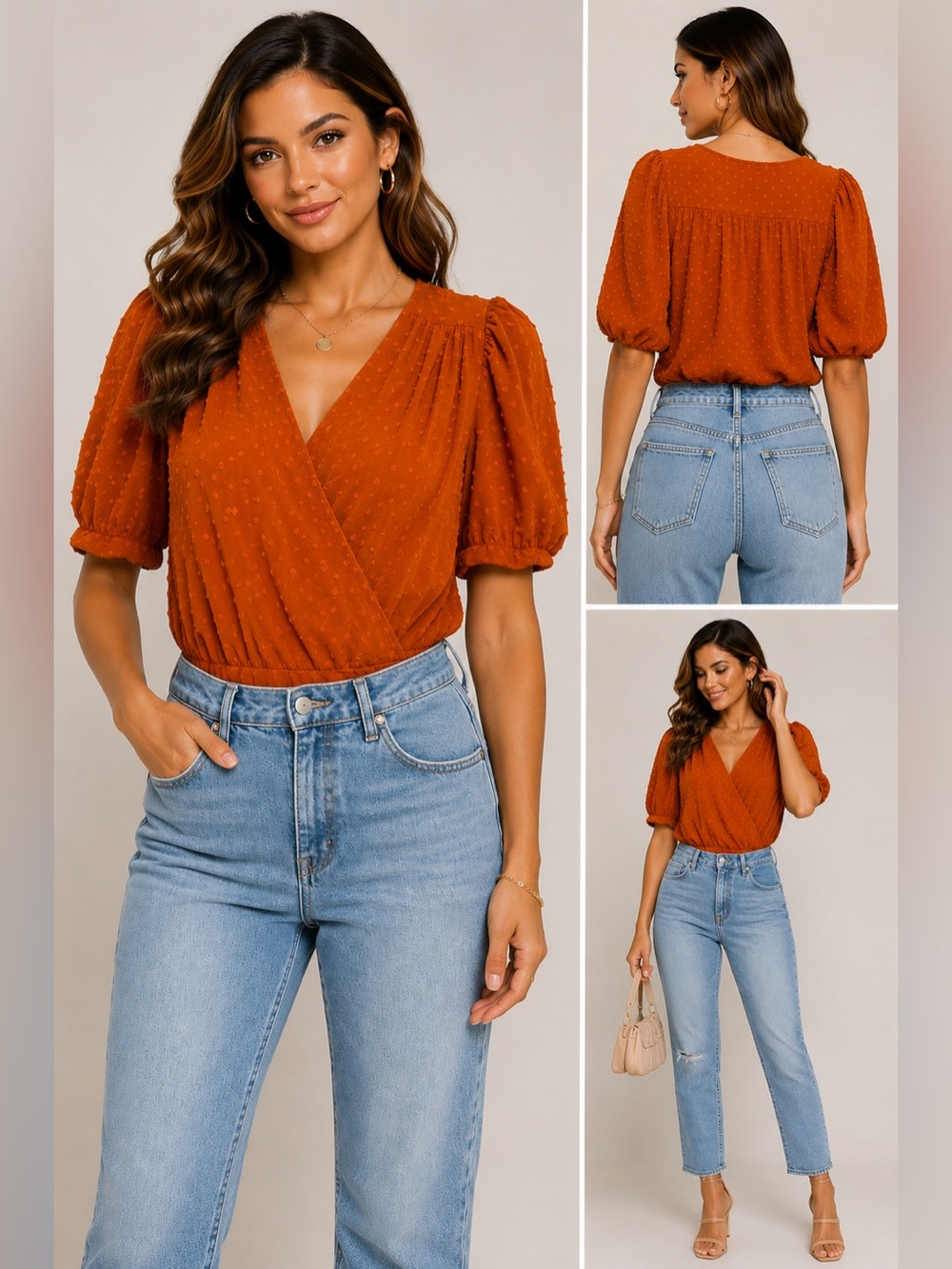 Peach Love California Rust Swiss Dot Wrap Bodysuit Puff Sleeve L
